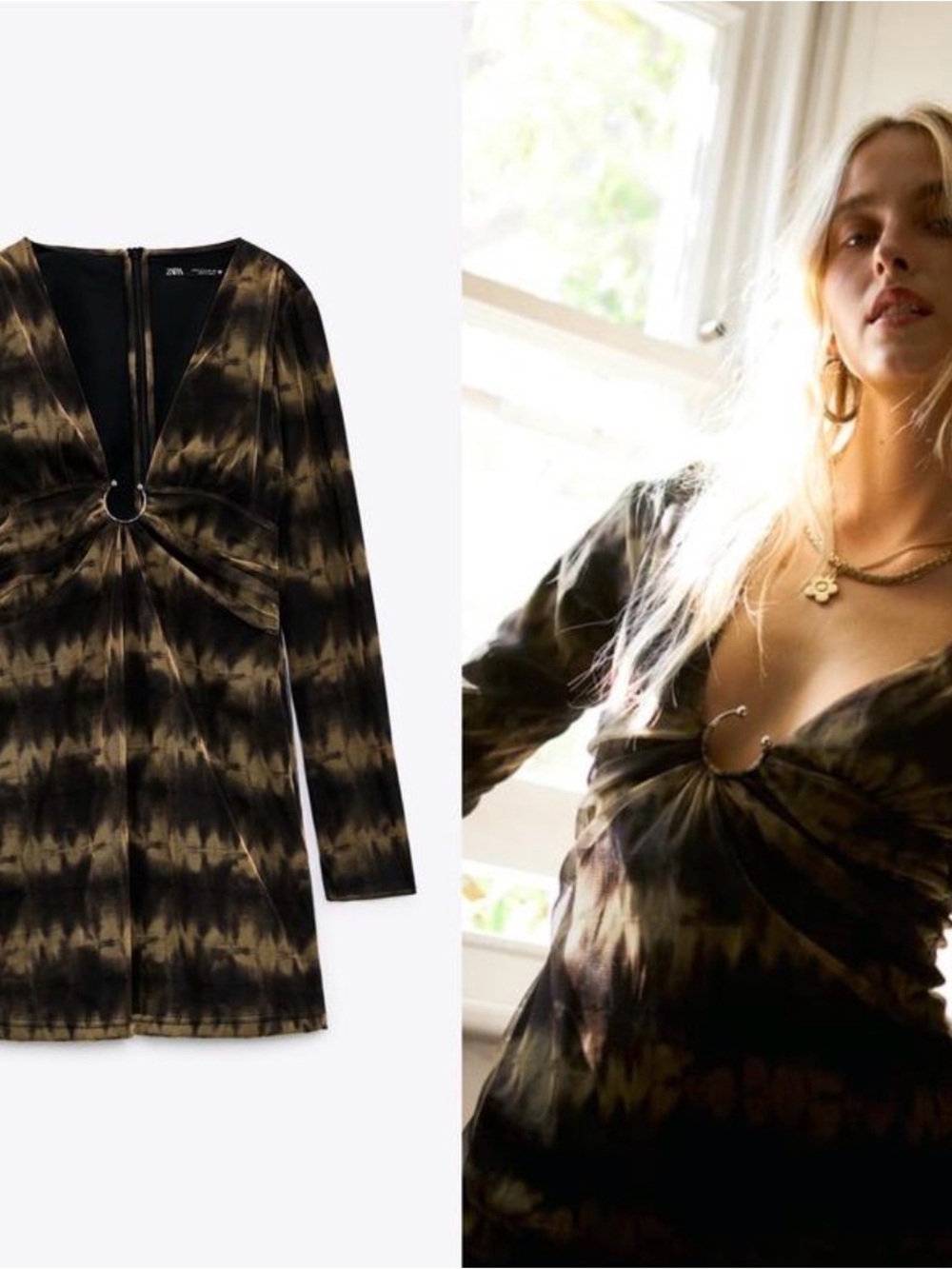 ZARA Tie-Dye Ring-Front Mini Dress in Black and Olive in XS